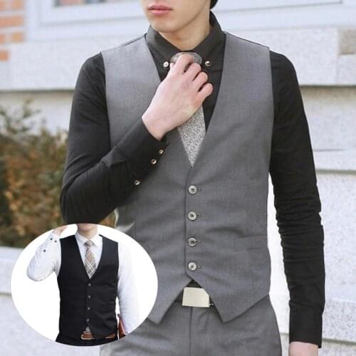 Fashion Men Vests V Neck Formal Men Vest Back Strap Pocket Men Waistcoat Business Dress Plus Size Formal Business Jacket Vests