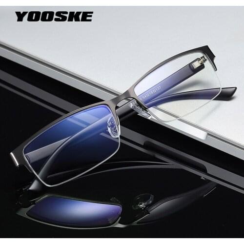 YOOSKE Business Half-frame Reading Glasses Men Stainless steel Newspaper Reading Eyeglasses Ultralight Anti Blue light Goggles