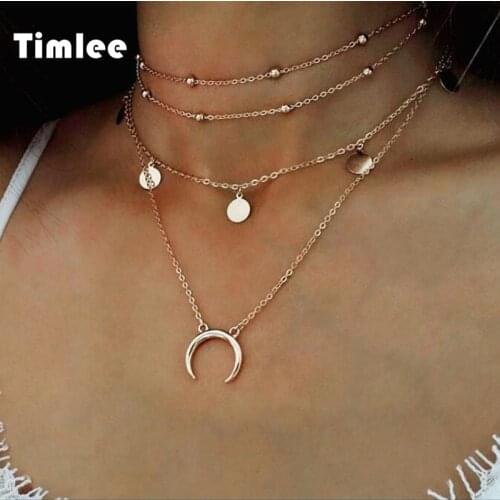 Timlee N079 Wafer Moon Multilayer Bead Alloy Punk Choker Necklace Metal Necklaces Wholesale