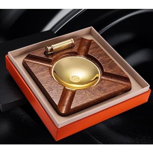 Cigar ashtray 2 piece set with lighter printed cigar solid brass copper four flue