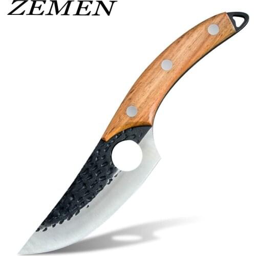 ZEMEN Outdoor Camping Knife Cooking Knife 5.5 Inch Hammer Pattern Boning Hunting Knife Woodhandle Chef Cutlery Kitchen Tool