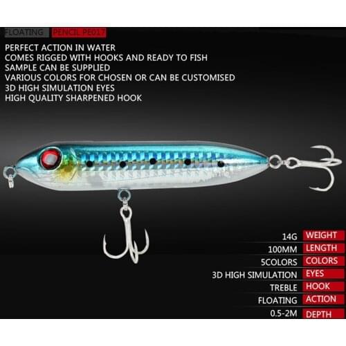 5PCS Floating Pencil 100mm 14g Topwater Fishing Lures for Fishing Depth 0.5-2m Deepwater 3D Eyes Simulation Fishing Baits