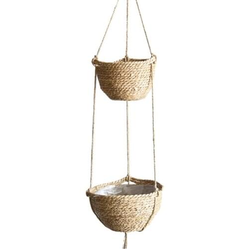 Hand-woven 2 Tier Hanging Planter Basket Handmade Plant Hanger Decorative Hanging Planter Pot Holder For Home Decoration