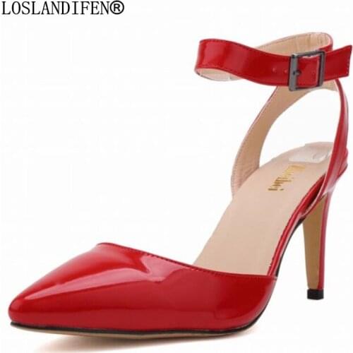 Women pumps Patent leather high heels PU women shoes Pointed Toe 8CM Thin Heels Word Band sandals Wedding Dress Shoes
