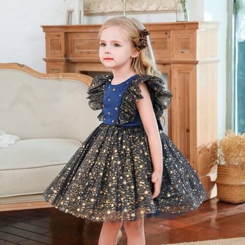 Baby Girl Party Dress Flower Girls Dresses Shinny Stars Tutu Prom Gown Cute Bow Birthday Kids Clothes Princess Children Costume