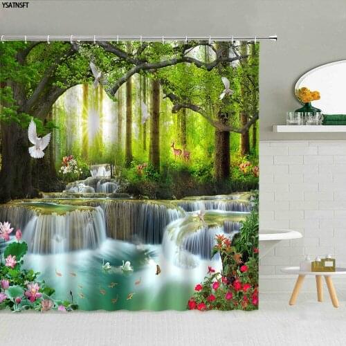 Waterfall Forest White Pigeon Fish Shower Curtain Natural Scenery Fake Window Lavender Bathroom Supplies Fabric Decor With Hooks