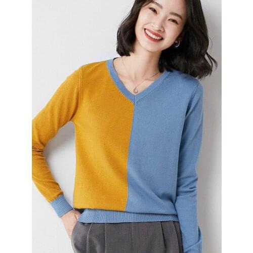 Womens thin Loose Early Autumn New Style Korean Version Contrast Color Wool Long-Sleeved Blouse V-neck Sweater Coat 60119