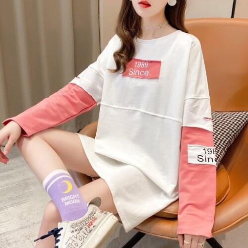 New Spring Autumn Top Woman Sweatshirt Korean Loose Splicing Long Sleeve Letter Print O-neck Sweatshirt Woman