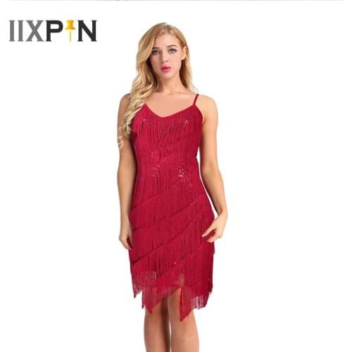 IIXPIN Latin Dance Dress Women Sparkling Sequins Fringe Tassel Dance Party Dress Gowns Rhythm Ballroom Samba Rumba Tango Dress