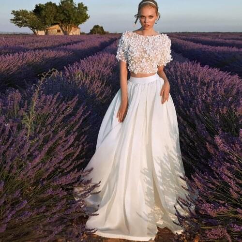 Elegant Short Sleeves A-Line Wedding Dress 2 Pieces Chiffon Floral Robe De Mariee Vestidos Pleat Skirt Bridal Gowns Floor Length