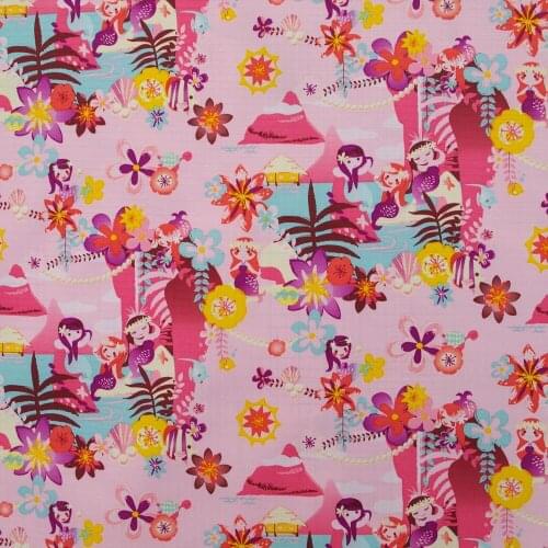 1 yard Polyester/PVC coated Waterproof Fabric for bag,- Fairy tale - Mermaid, Sea, Flower (width=140cm)