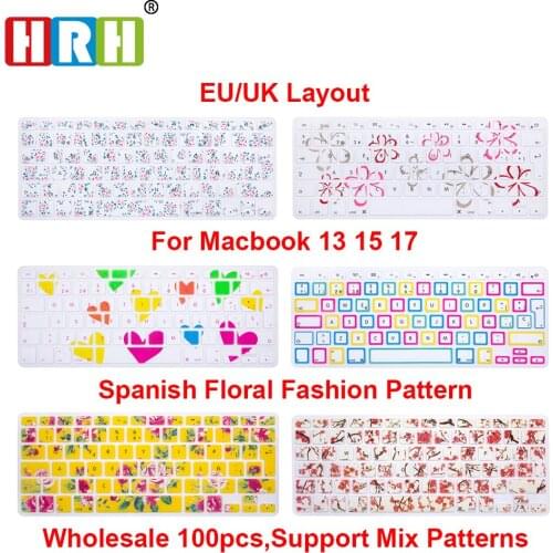 HRH Wholesale 100pcs Spanish ESP EU/UK Flower Silicone Keyboard Cover Keypad Skin Protector for Macbook Air Pro Retina 13 15 17