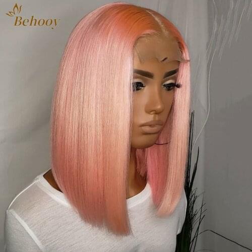 13x4 Front Lace Wigs For Women Pink Color Short Bob Synthetic Lace Wigs Free Part Natural Cosplay Pink Bob Wigs