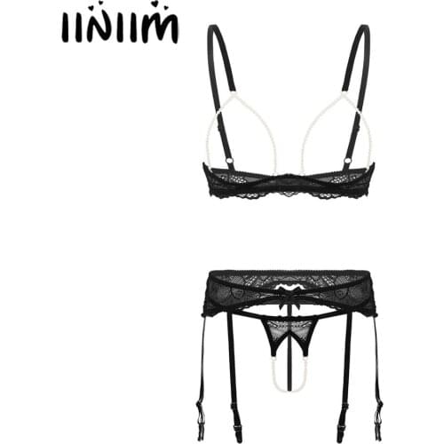 3Pcs Womens Erotic Pearl Lace Lingerie Set Spaghetti Straps Open Cups Bra Top with Garter Belt and Crotchless G-string Briefs