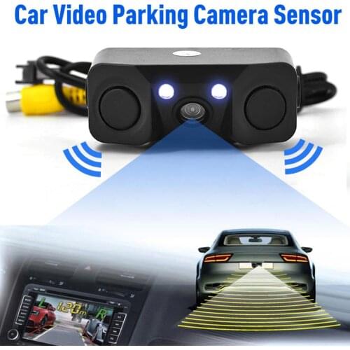 Car Reverse Backup Rear View Camera 170 Degree 3 In 1 Video Parking Sensor 2 Detector Sensors BiBi Alarm Indicator