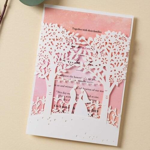 WISHMADE White Wedding Cards Pink inner Paper Elegant Engagement Cards Bride And Groom Wedding Invitations with Laser Cut Trees