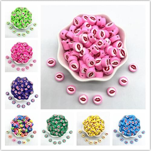 30pcs 10mm Color Lip Pattern Beads Polymer Clay Spacer Loose Beads for Jewelry Making DIY Necklace Bracelet Accessories