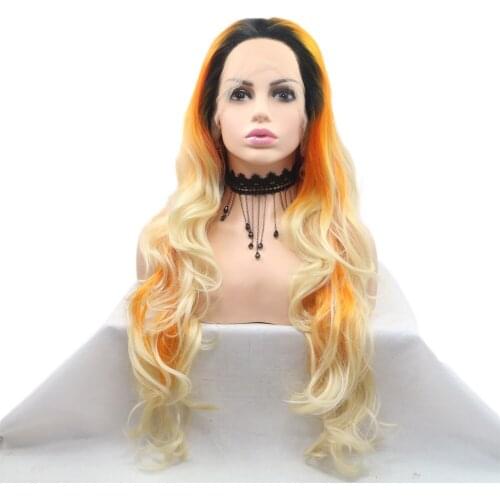 Long Wavy 3 Tone Lace Front Wig Black Root to Orange Mix Blonde Free Part Heat Resistant Fiber Synthetic Wigs for Women 24 Inch