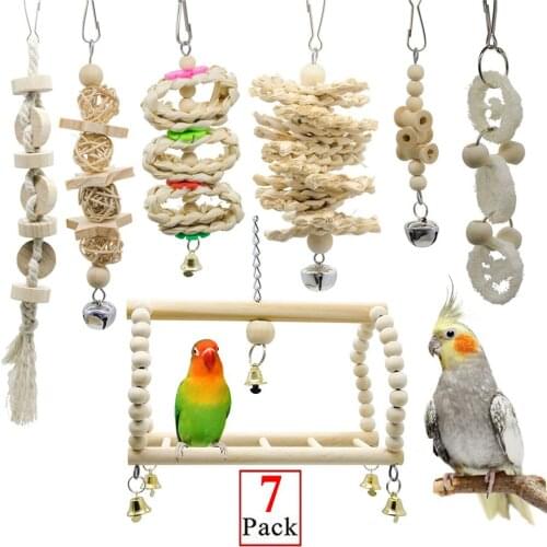 Bird Parrot Toys Wooden Swing Chewing Hanging Bell Bird Cage for Parakeets Cockatiels Conures Finches