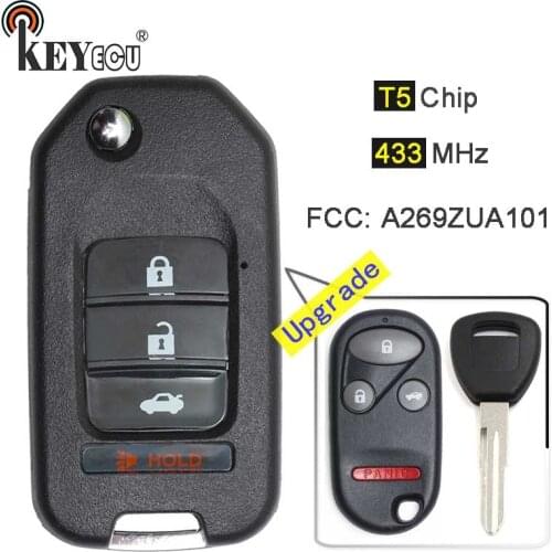 KEYECU 433MHz T5 Chip FCC: A269ZUA101 Upgraded Flip 3+1 4 Button Fold Remote Key Fob for Honda Accord Prelude