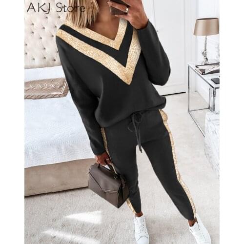 Two Piece Sets Colorblock Sequins Long Sleeve Top & Drawstring Waist Pants Set