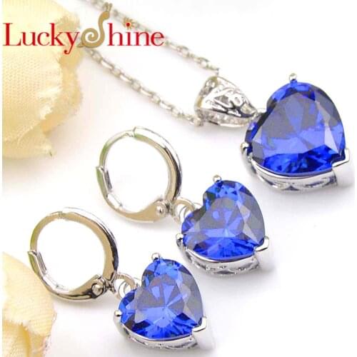 Luckyshine Dazzling Lover Heart Fire Blue Crystal Cubic Zirconia 925 Silver Pendants Necklaces Drop Earrings Jewelry Sets