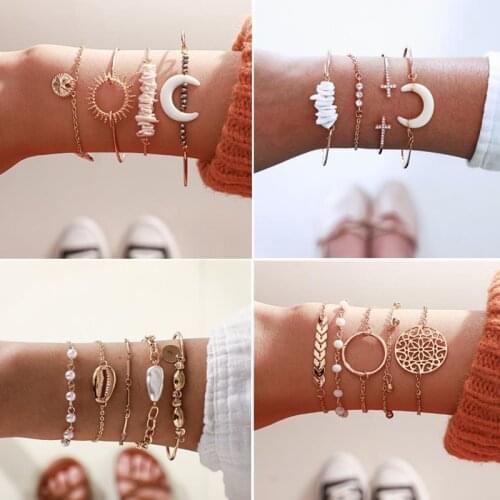 Bohemian Geometric Crystal Shell Multi Layer Bracelets Bangles Adjustable Natural Stone Charm Bracelets Set for Women Jewelry