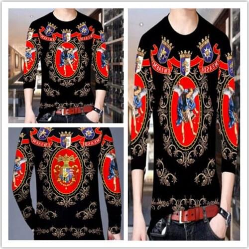 Mens casual long-sleeved round neck t-shirt plus size bottoming shirt 3D crown angel pattern mens fattening clothes