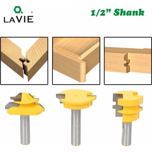 LAVIE 3pcs 12mm 1/2" Shank Tenon Router Bits Set Drawer Molding 45 Degree Lock Miter Bit Glue Joint Wood Milling Cutter MC03130