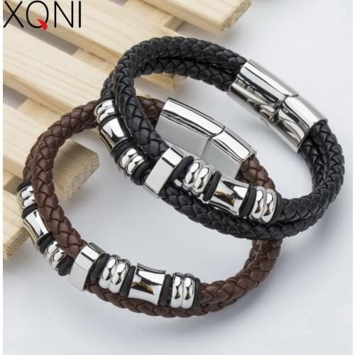 New 2017 Fashion Brand Genuine Leather Bracelet For Men High Quality Knight Courage Charm Stainless Steel Bracelets Bangles