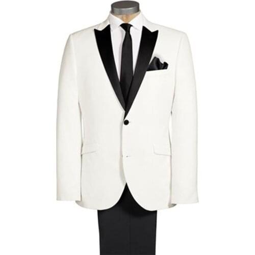 Custom Ivory Tuxedo Jacket,Bespoke 2 Button Black Peakl Lapel Ivory Jacket and Black Pants,Ivory Wedding Suits For Men