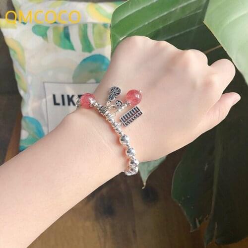 QMCOCO 925 Silver Bracelet Simple Sweet Bracelet Lady Smile Face Abacus Lucky Cat Strawberry Crystal Bracelet Party Jewelry Gift