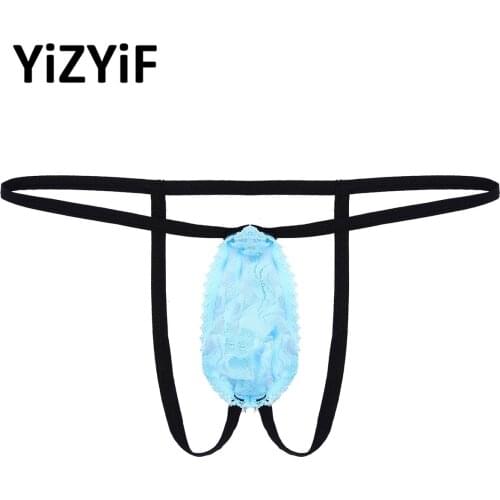 Sexy Men Underwear Lace Thong G String Pouch Transparent Briefs Underpants T-Back Hollow Out Lingerie Male Panties