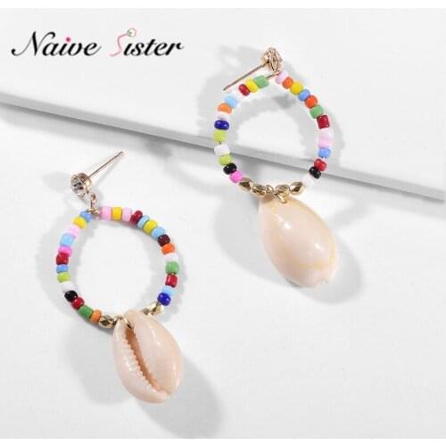 Girls Handmade Natural Shell Beaded Drop Earrings Fashion Bohemian Round Jewelry Cute Accessories Boho Women Multi Color Gift