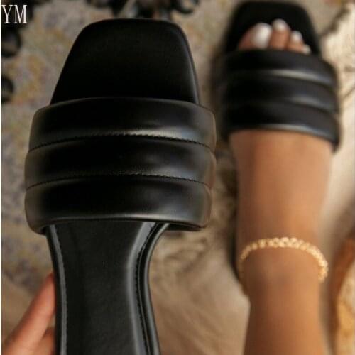 Fashion 2021 New Sandals Women Square Toe Flat Casual Shoes Slide Summer Sandals Zapatillas Casa Mujer Sapatos Femininos 35-43