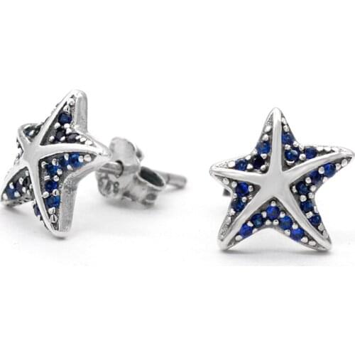 Stub Earrings 925 Sterling Silver Blue Sea Starfish Earring with CZ for Women Trendy Jewelry Gifts