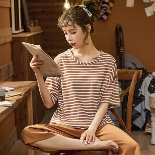 Women Summer Short-sleeved Cotton Thin Suit Calf-length Pants Loose Girl Lovely Leisurewear Set