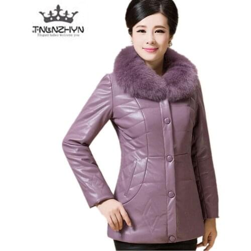 2019 Winter Elderly Women Leather Cotton Coat Plus size Fur collar Warm Down Jacket High-end Thick Solid color Casual Coat parka