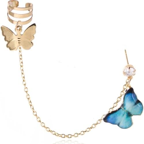 1pcs Butterfly Clip Earrings Ear Hook Ear Cuff Double Pierced Conjoined Chain Tassel Earring Women Girls Punk Dangle Jewelry