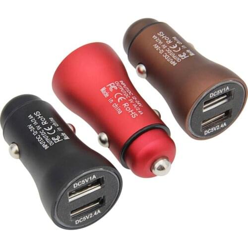 100pcs Dual USB Car Charger Adapter 1A+2.4A Auto Metal Charger For Smart Phone/Tablet 2 Port USB Mini Charger