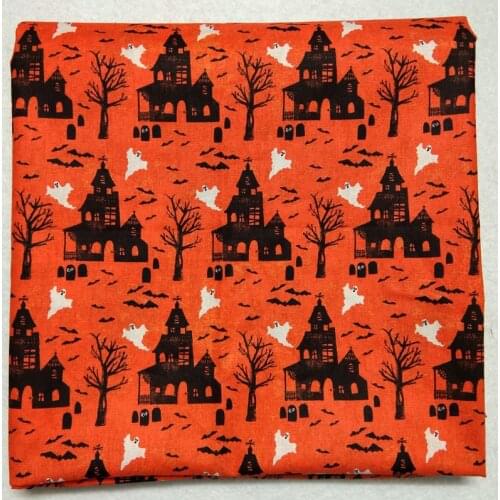 50x105cm Orange Halloween Black Castle White Ghost Printed Cotton Fabric Patchwork for Cloth Dress Party Home Decoration