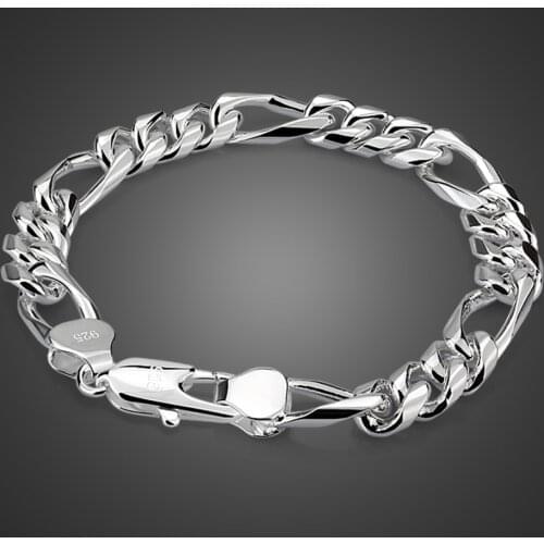 Fashion Mens 100% 925 sterling silver link chain bracelet 8 inches 8/10mm Male simple punk Hand catenary jewelry