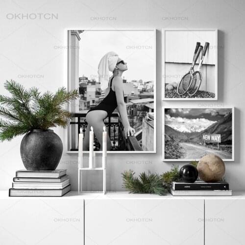 Black White Nordic Vintage Poster Lady Las Vegas Venice Road Tennis Wall Art Print Canvas Painting Decor Picture for Living Room