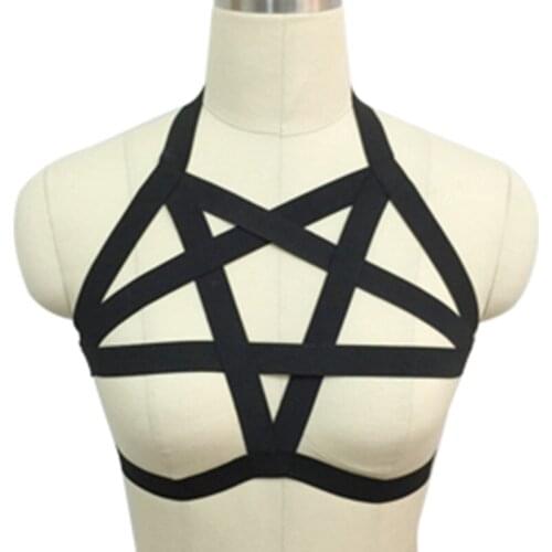 Black Adjustable Body Harness Gothic Harajuku pentagram bondage bra sexy lingerie pentagram bondage harness blte