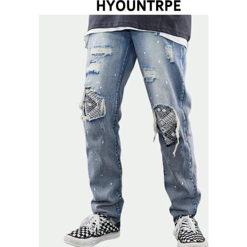 Knee Patchwork Jeans for Men Hip Hop Casual Biker Taped Zipper Jean Trousers Denim Pants New Spring Fashion Streetwear Joggers