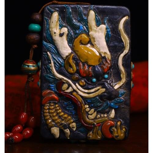 3"Chinese Folk Collection Old Natural meteorite Tracing mosaic Gem Dzi Bead Dragon head statue Pendant necklace Amulet Exorcism