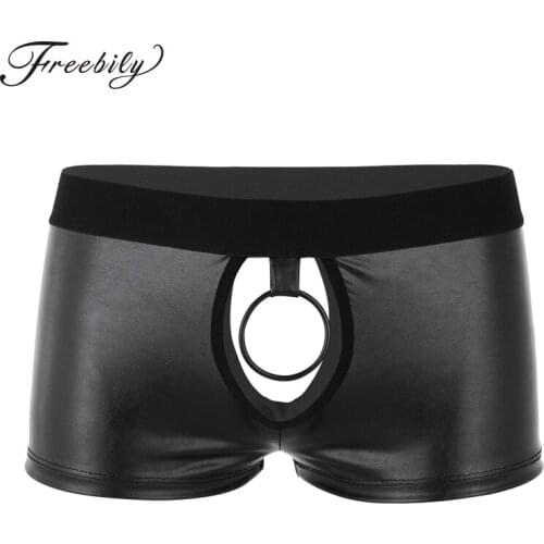 Hot Mens Wetlook Lingerie Soft Cut Out Open Butt Low Rise Boxer Shorts Underwear Gay Male Panties with Ball Lifter Metal O-ring