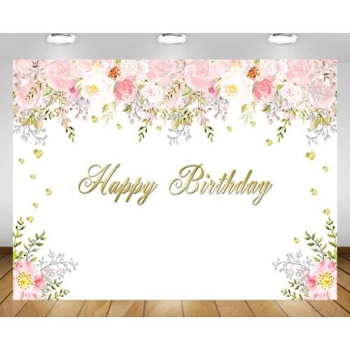 Mehofond Pink Floral White Backdrop Flower Baby Happy Birthday Party Photography Background Banner Photo Studio Decoration Props