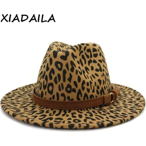 2020 fashion winter fedora hats for women Flat wide Brim Wool Felt Jazz Fedora Hats for men Leopard goth top vintage wedding Hat