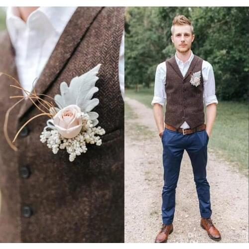 Mens Vest Casual Slim Fit Brown Wool Herringbone Tweed British Style for Wedding Party Waistcoat for Men